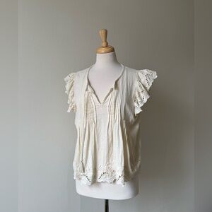 Jennifer & Grace White Cotton Lace Boho Blouse Flutter Sleeve Size L